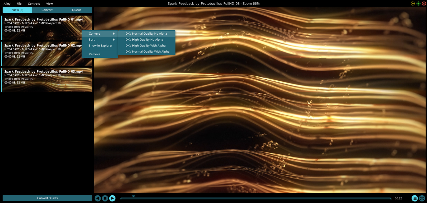 Select the videos you want to convert and click DXV normal Quality no Alpha, Resolume Alley