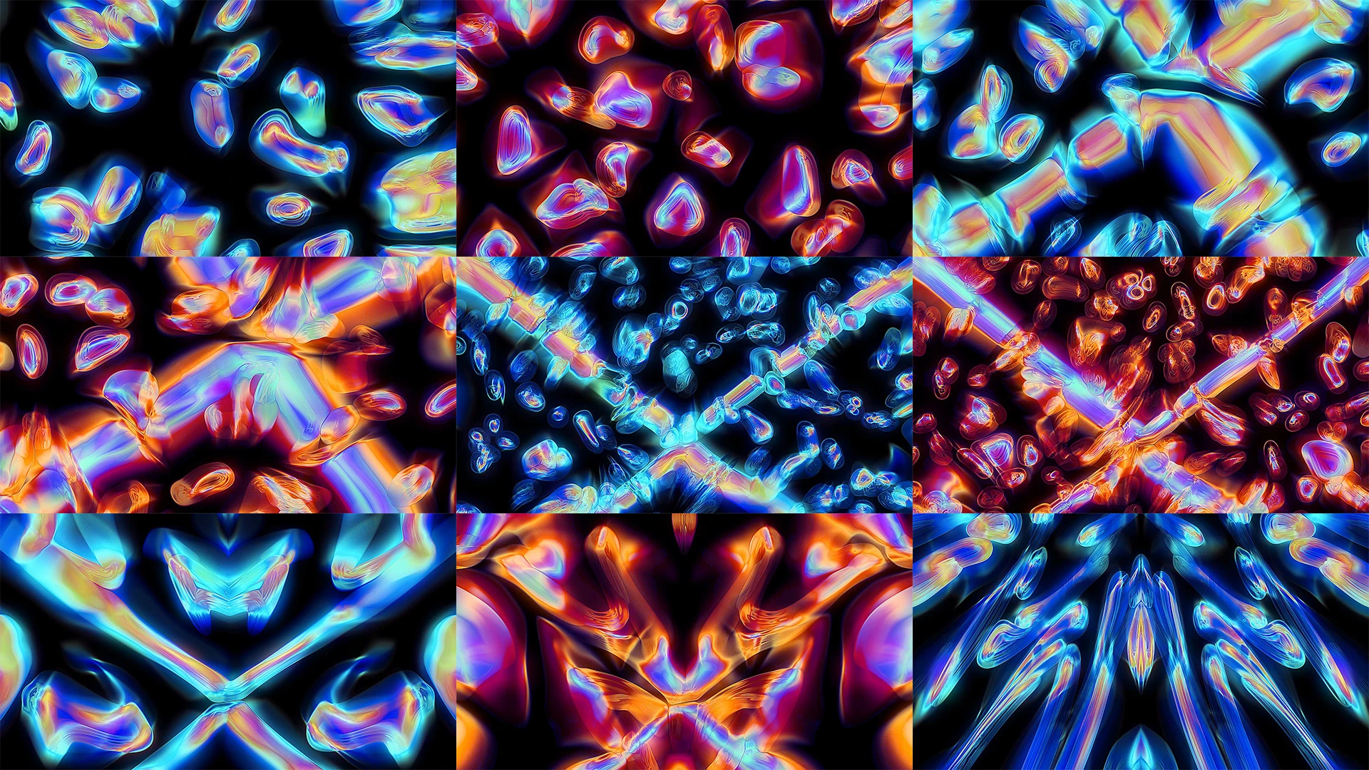 PLASMA, Blue, Orange, Purple, Symmetry, Graphics, Psychedelic art, Fractal art, Graphic design, Triangle, Modern art, VJ Pack created by Proto, Protobacillus, Protoloops, Video loop
