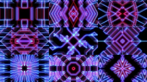 TECHNO GRID, Blue, Purple, Symmetry, Graphic design, Graphics, Fractal art, Design, Triangle, Motif, Neon, VJ Pack created by Proto, Protobacillus, Protoloops, Video loop