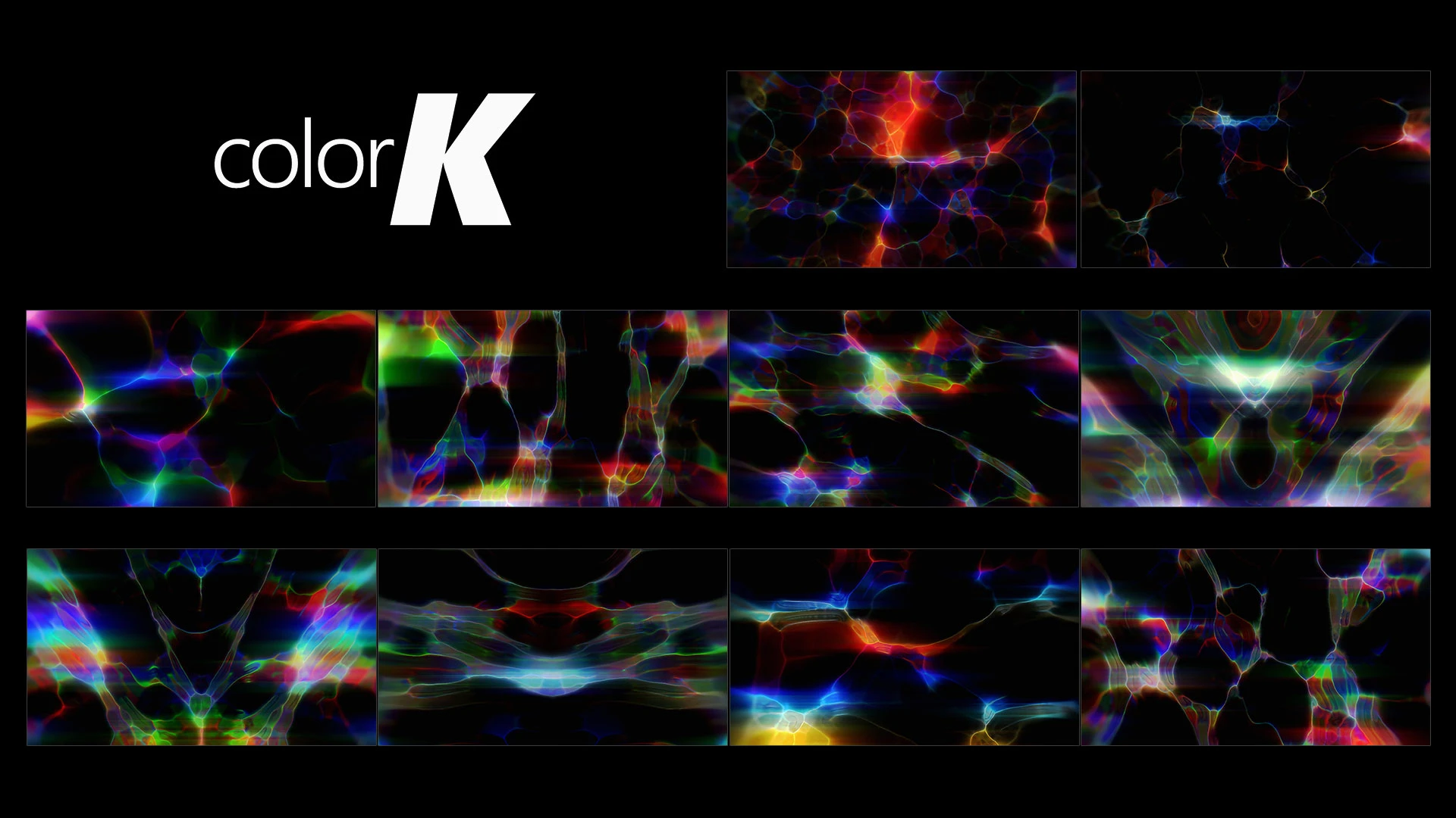 COLOR K, A collage of vibrant abstract designs featuring swirling colorful patterns and glowing lines, arranged in a grid format. The word "color K" is prominently displayed in white on the left side. Each design showcases a mix of red, blue, green, and yellow hues against a dark background. VJ Pack by Protoloops or Protobacillus, Video Loops,