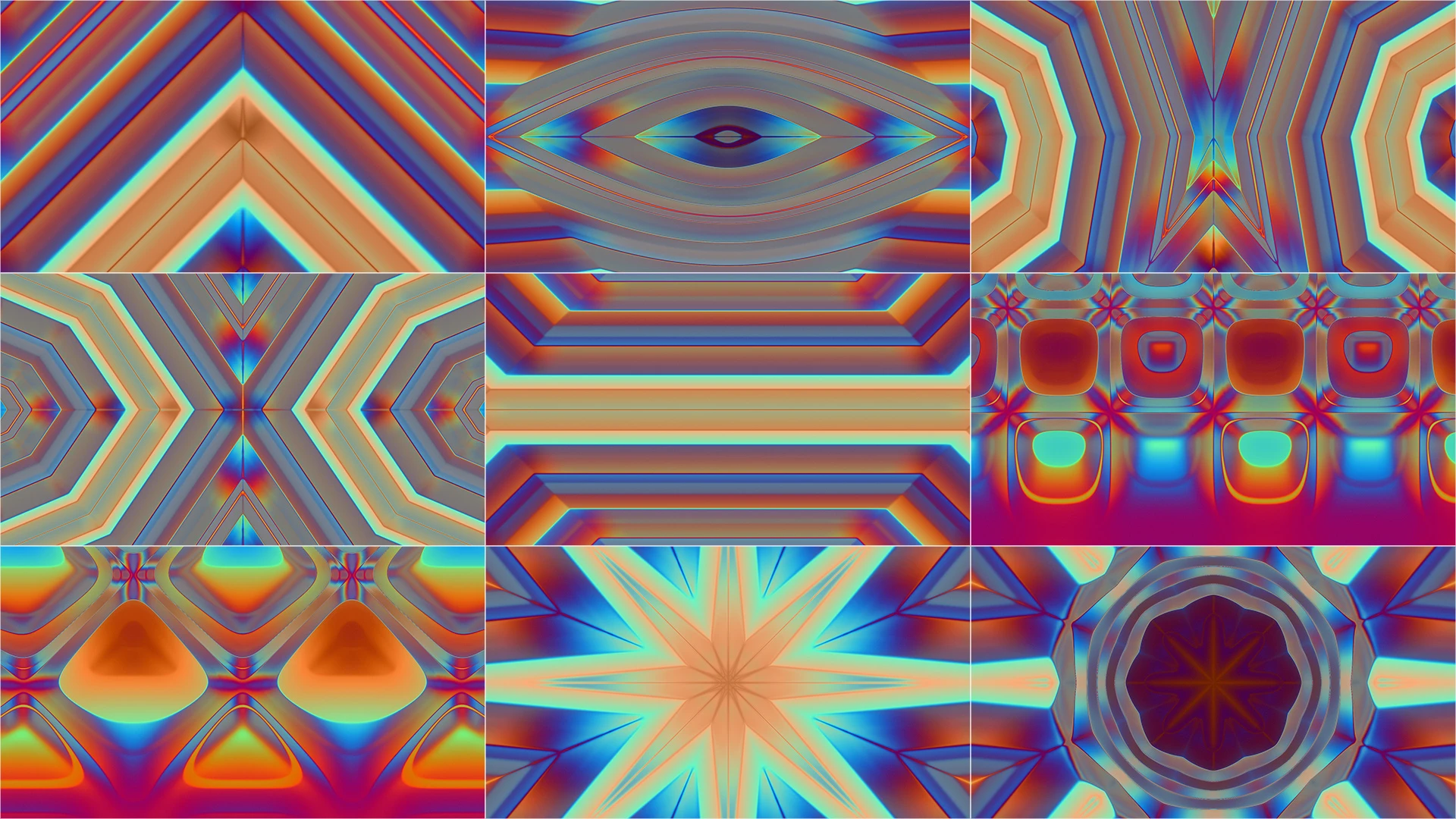 MODERN 70s, Blue, Orange, Symmetry, Graphic design, Graphics, Fractal art, Psychedelic art, Motif, Pattern, VJ Pack created by Proto, Protobacillus, Protoloops, Video loop